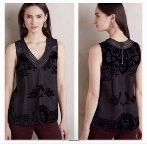 Anthropologie Meadow Rue Black Sleeveless Top with velvet-like accents. Sz XS